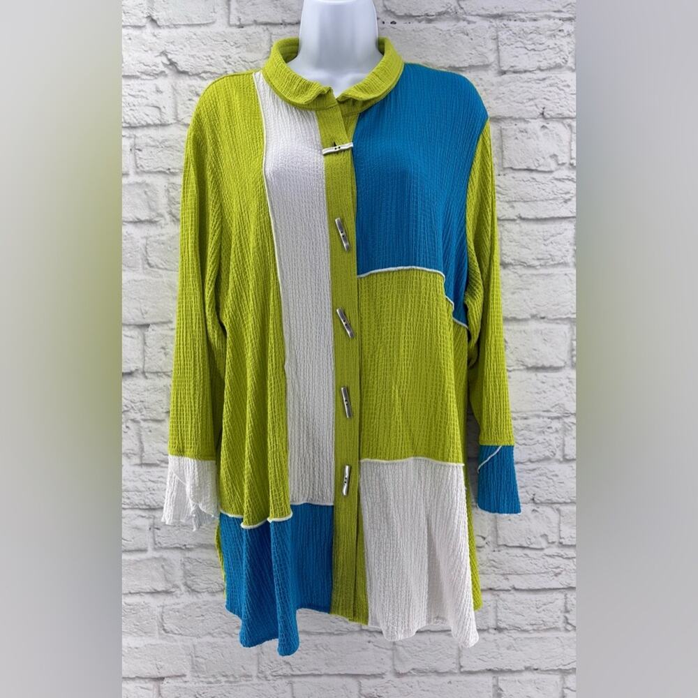 Ali Miles Crinkle Textured Button Front‎ Tunic Blouse Artsy Lagenlook Boho XL